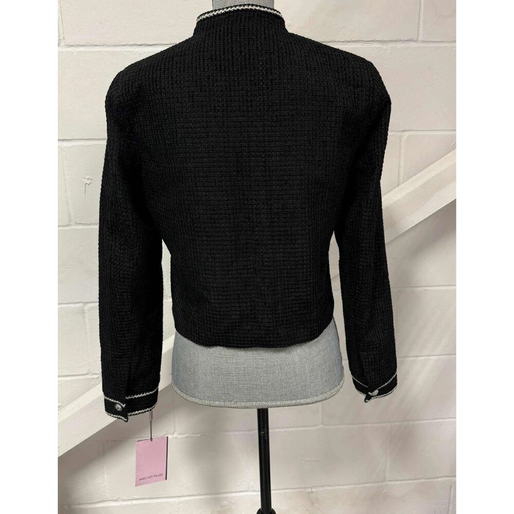 Avec Les Filles Tweed Crop Jacket Career Black Velvet Bow Trim Women’s Small NWT - Picture 6 of 16